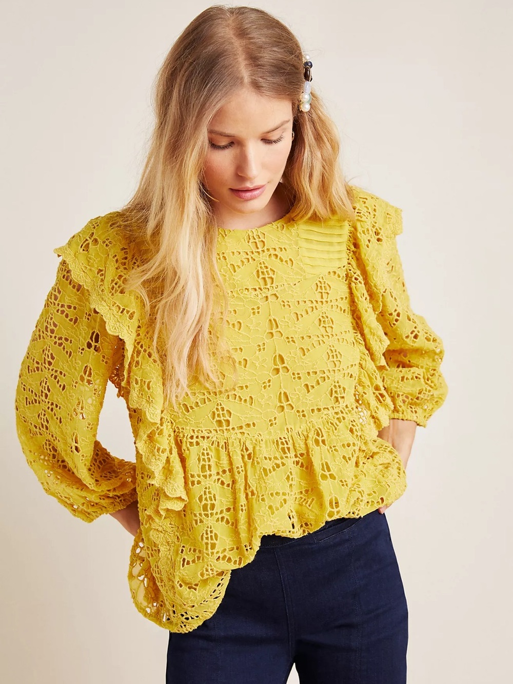 Anthropologie Maeve Clementine Lace Blouse Size 0 Yellow Ruffles